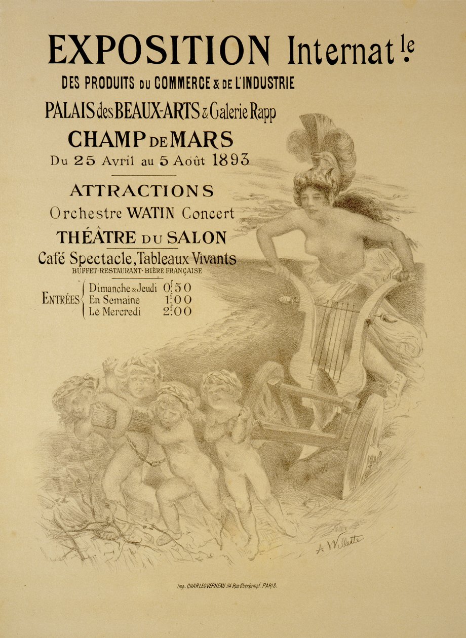 Reproduction of a poster advertising an International Exhibition of Commercial and Industrial Products, Palais des Beaux-Arts and Galerie Rapp, Champ de Mars, Paris, 1893 by Adolphe Leon Willette