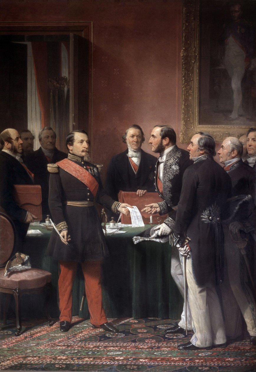French Emperor Napoleon III Giving Baron Haussmann the Decree on the Annexation of Suburban Towns in Paris, June 1859 by Adolphe Yvon