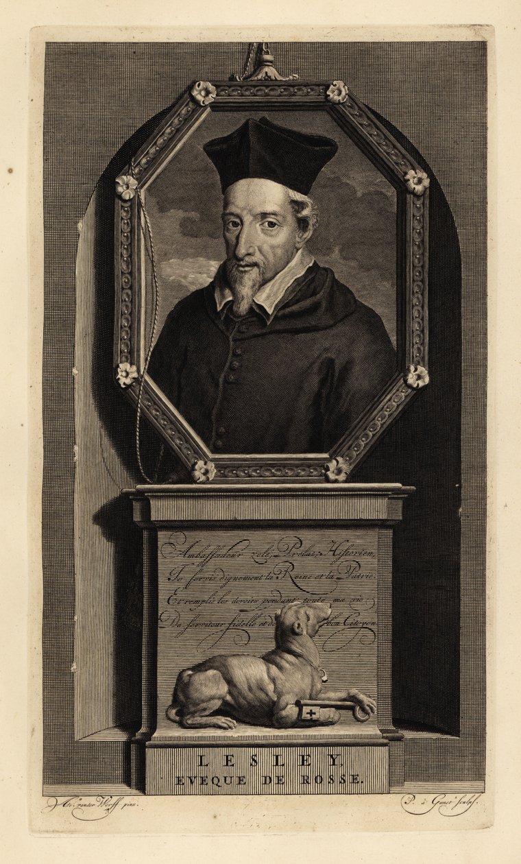 John Lesley, Scottish historian and Bishop of Ross. Dog with key. Copperplate engraving by Pieter Stevens van Gunst after Adriaen van der Werff from Isaac de Larrey’s Histoire d’Angleterre, d’Ecosse et d’Irlande, Amsterdam by Adriaan van der (after) Werff