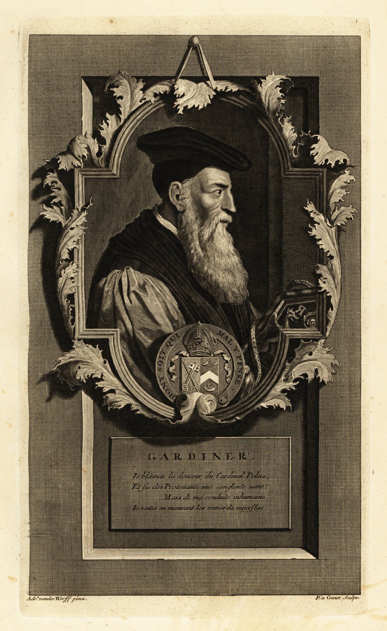 Portrait of Stephen Gardiner, Bishop of Winchester and politician. With coat of arms. Copperplate engraving by Pieter Stevens van Gunst after Adriaen van der Werff from Isaac de Larrey’s Histoire d’Angleterre, d’Ecosse et d’Irlande, Reinier Leers, Rotterda by Adriaan van der (after) Werff