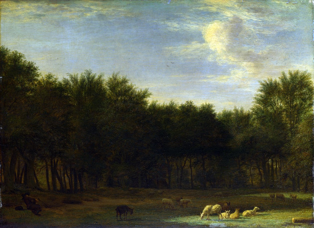 The Edge of a Wood, with a Sleeping Shepherd, Sheep and Goats by Adriaen van de Velde