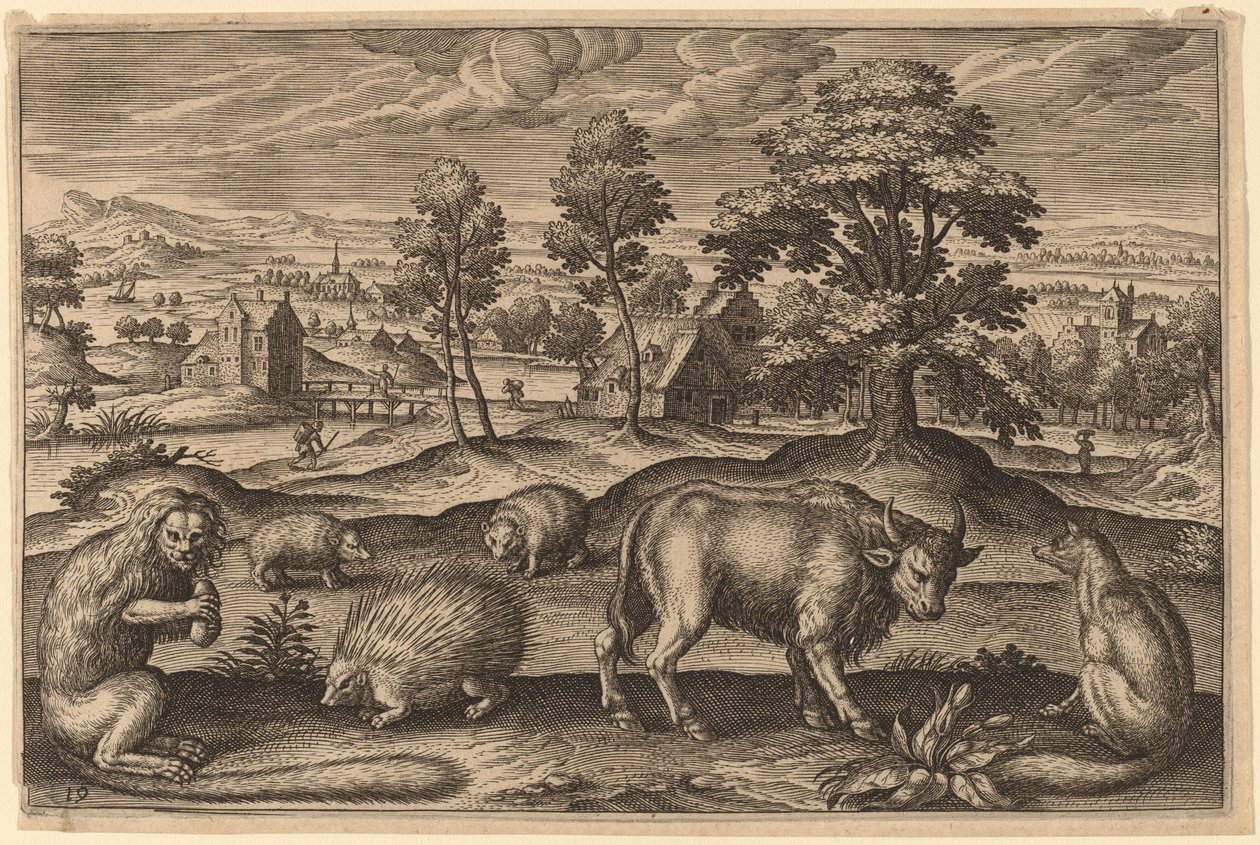 A Monkey, a Porcupine, Two Hedgehogs, a Buffalo and a Fox by Adriaen Collaert