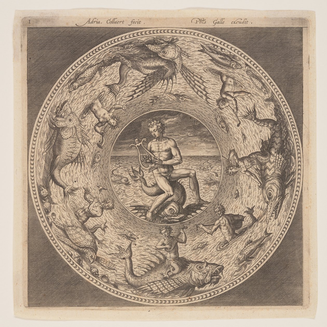 Arion on a Dolphin surrounded by a Border decorated with Sea Creatures, from a Set of Designs for Plates by Adriaen Collaert