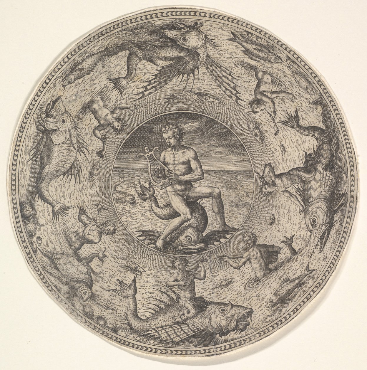 Arion on a Dolphin Surrounded by a Border Decorated with Sea Creatures by Adriaen Collaert
