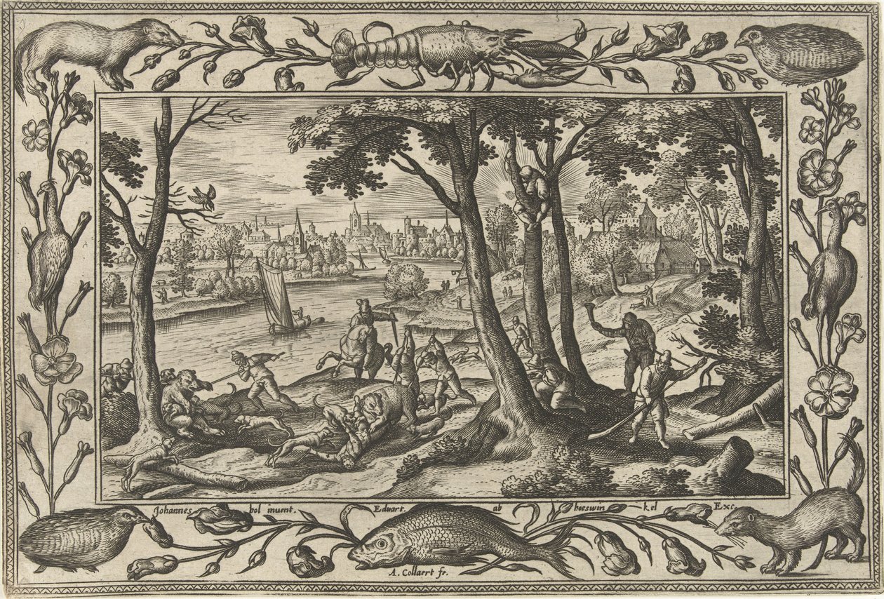 Bear Hunt Landscapes with Biblical, Mythological Scenes and Hunting Scenes (series title) by Adriaen Collaert