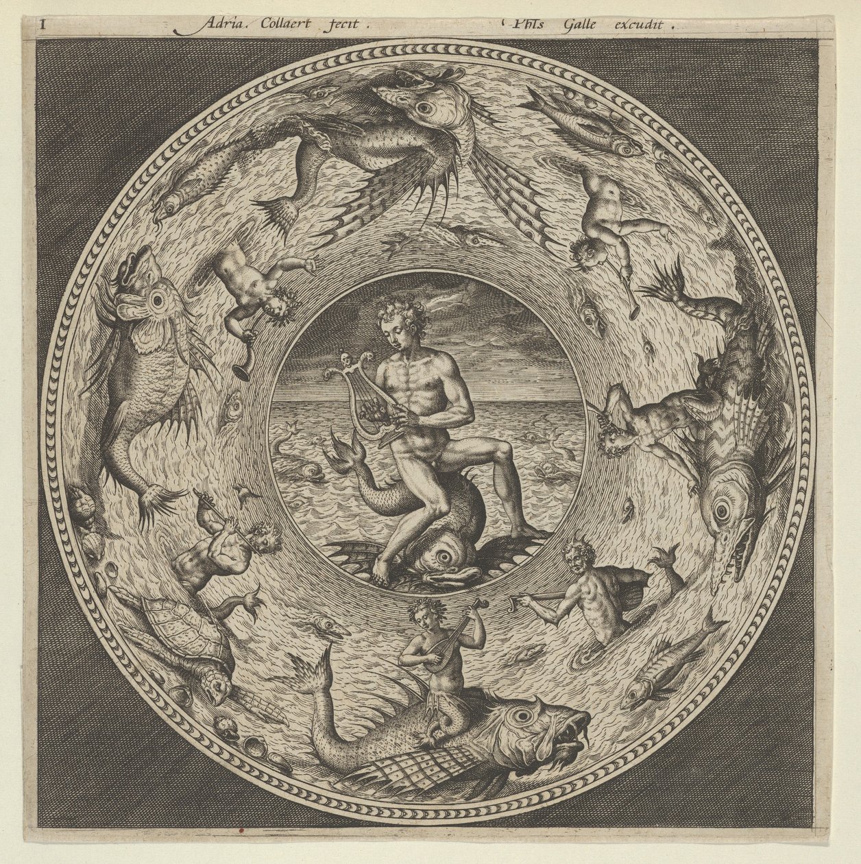 Design for a Plate with Arion Riding a Dolphin in a Medallion Bordered by Sea Monsters, c1600 by Adriaen Collaert