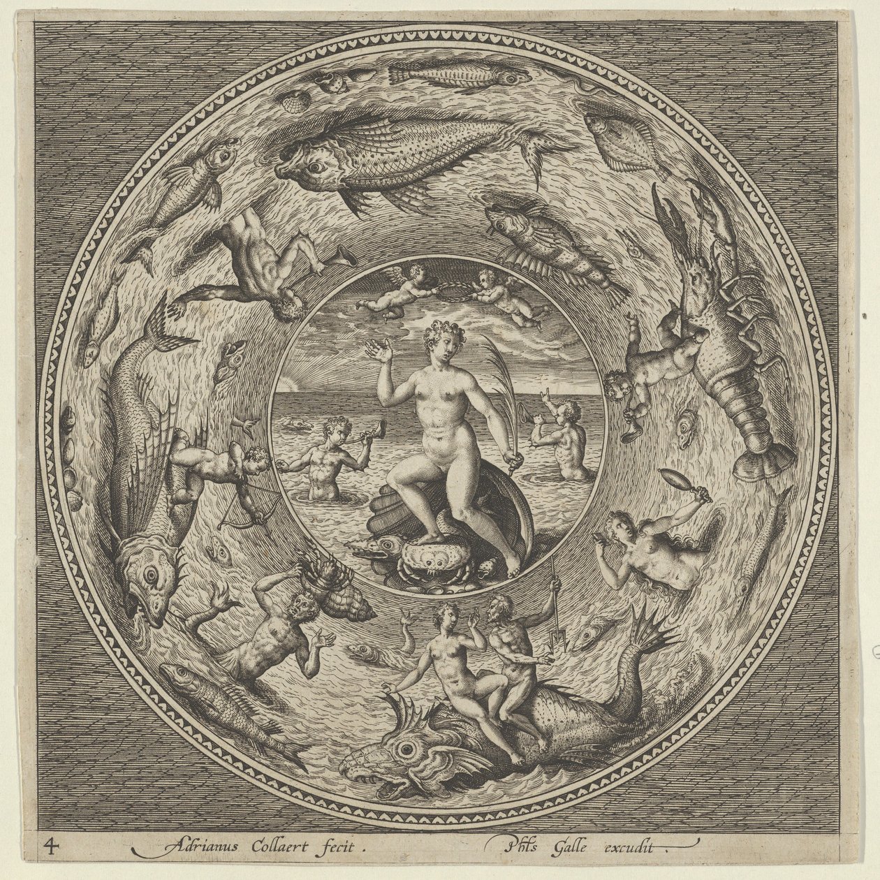 Design for a Plate with Galatea on a Shell Flanked by Trumpeters in a Medallion Border by Adriaen Collaert