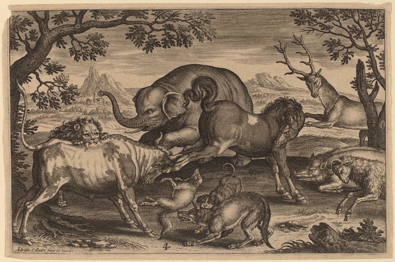Lion, Bull, Fox, Wolf, Dog, Boar, Goat, Horse, Elephant and Deer by Adriaen Collaert