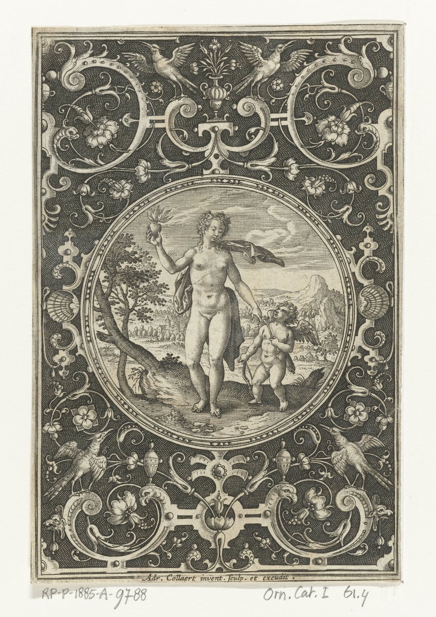Medallion with Venus and Amor in a Frame of Grotesques with Flowers, Garlands, Animals, and Mascarons (Medallions with Figures from the Judgment of Paris) by Adriaen Collaert