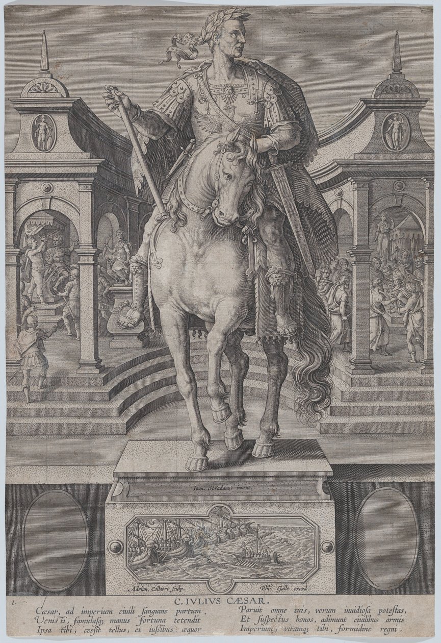 Equestrian statue of Julius Caesar, seen from the front, with a scene, ca. 1587-89 by Adriaen Collaert