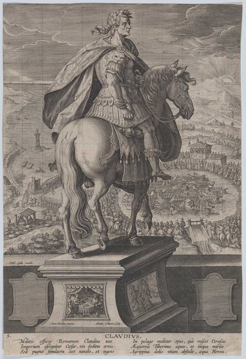 Plate 5: Equestrian Statue of Claudius, Seen from Behind, a Naval Competition at River by Adriaen Collaert