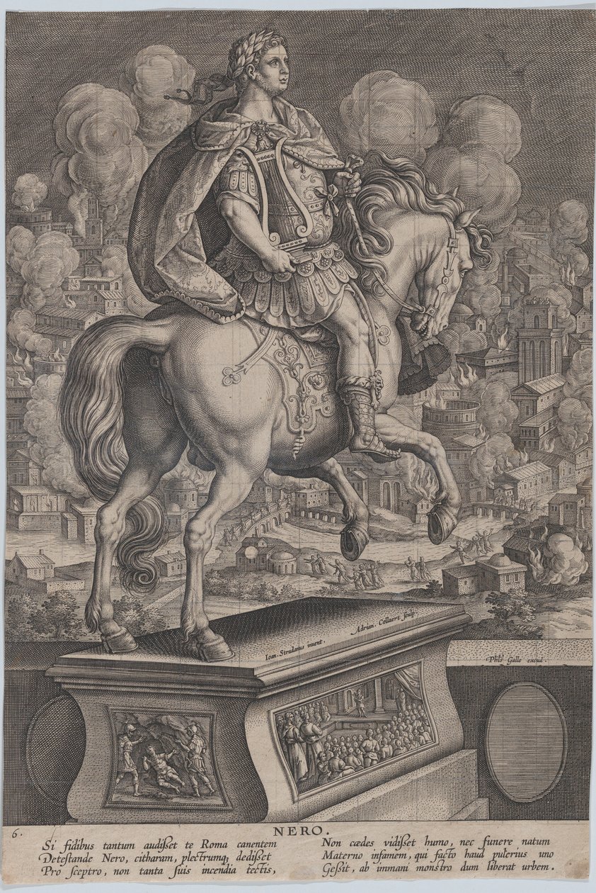 Plate 6: Equestrian Statue of Nero, seen from behind, the Great Fire of Rome, ca. 1587-89 by Adriaen Collaert