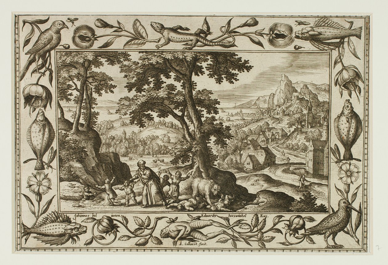 The Mocking Children Cursed by Elijah and Eaten by the She-Bear, from Landscapes with Old and New Testament Scenes and Hunting Scenes by Adriaen Collaert