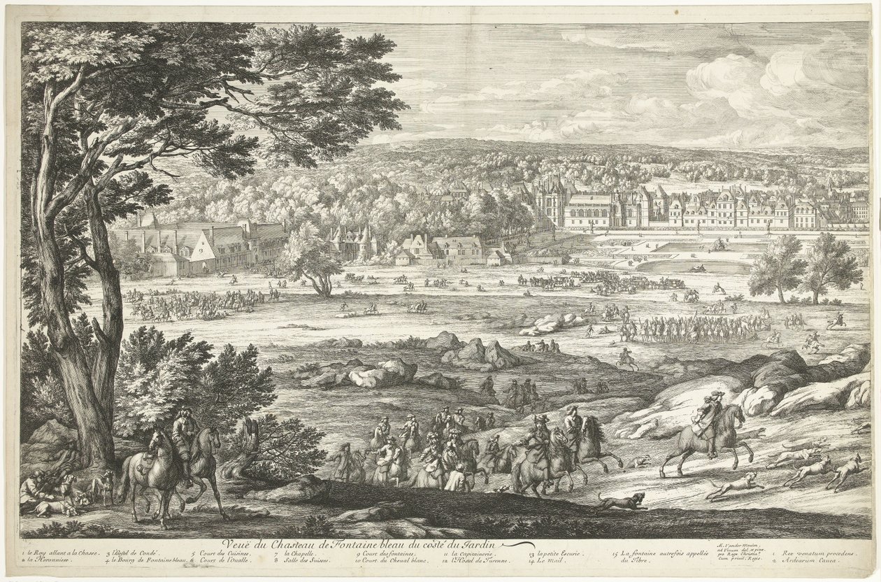 View of the Castle of Fontainebleau (left page) by Adriaen Frans Boudewyns