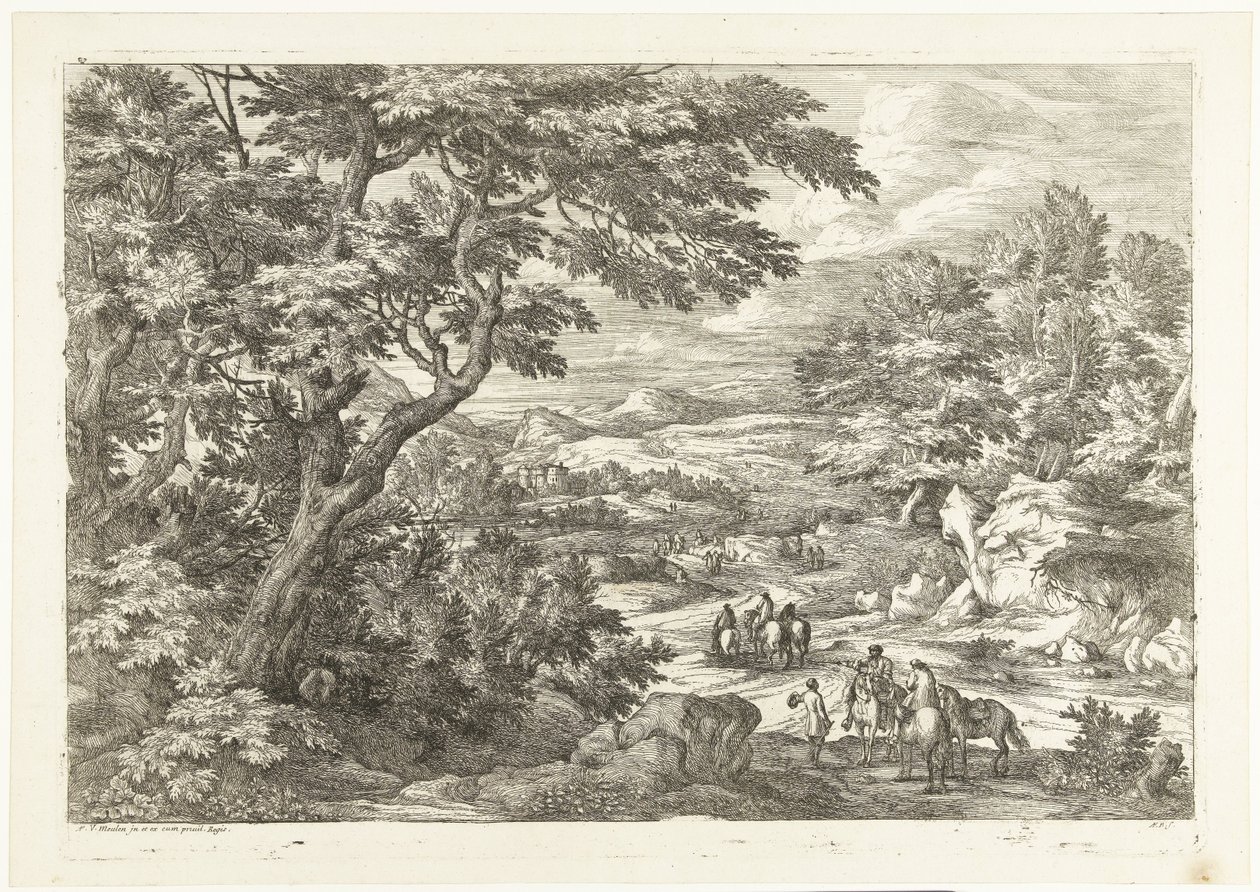 Landscape with hunters on their way home, a castle in the distance by Adriaen Frans Boudewyns
