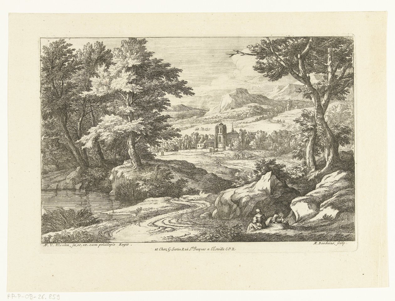 Landscape with Two Figures Along a Road, a Church in the Distance by Adriaen Frans Boudewyns