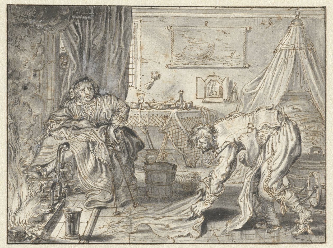 Man Cleaning the Floor while his Wife Sits by the Hearth by Adriaen Pietersz van de Venne