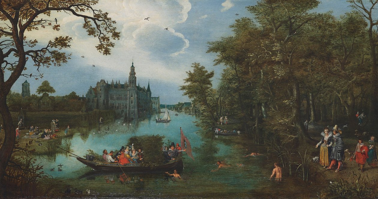 Summer Landscape with Boating Party and Bathers by Adriaen Pietersz. van de Venne