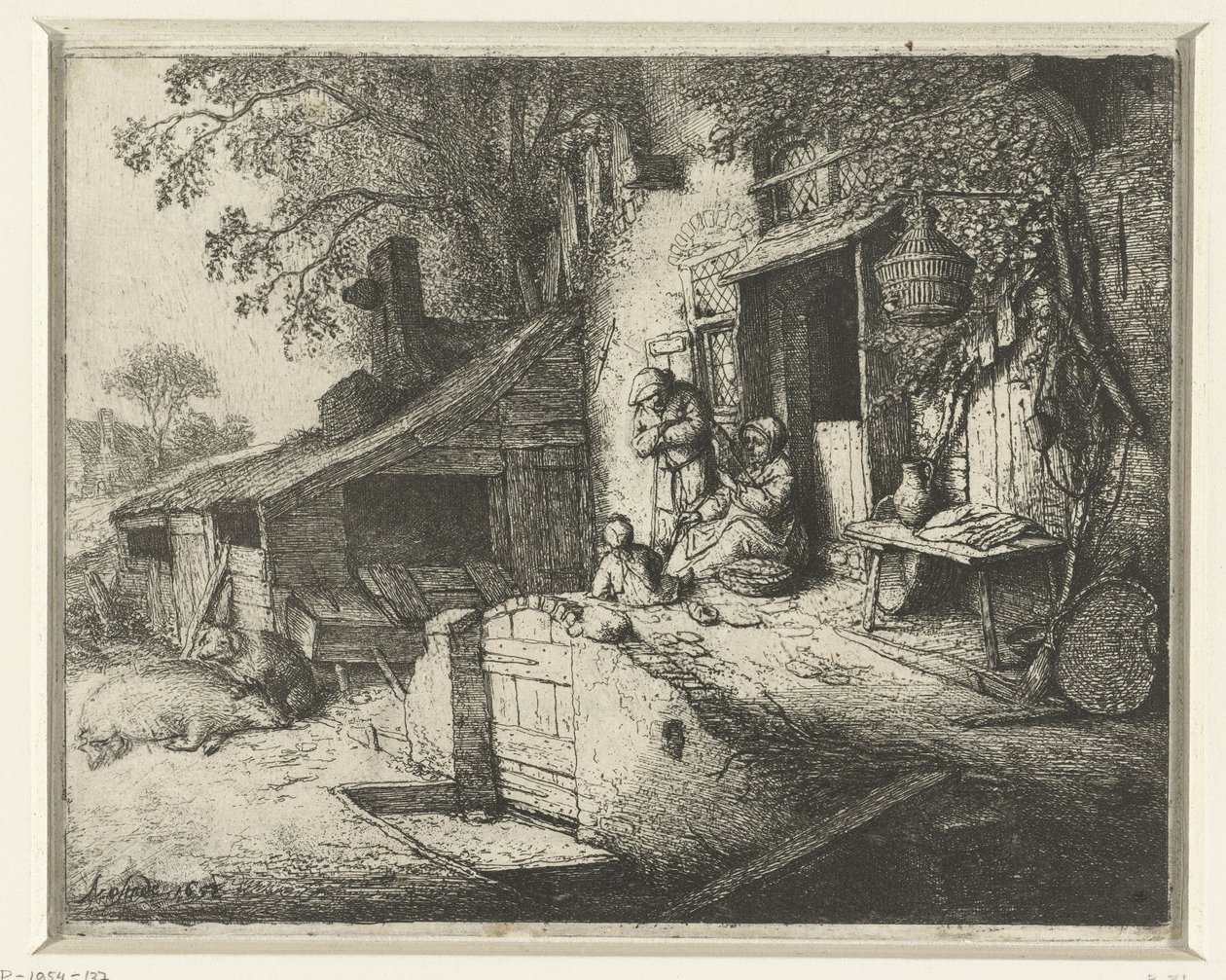 Spinning Woman in Front of a House by Adriaen van Ostade (signed by artist)
