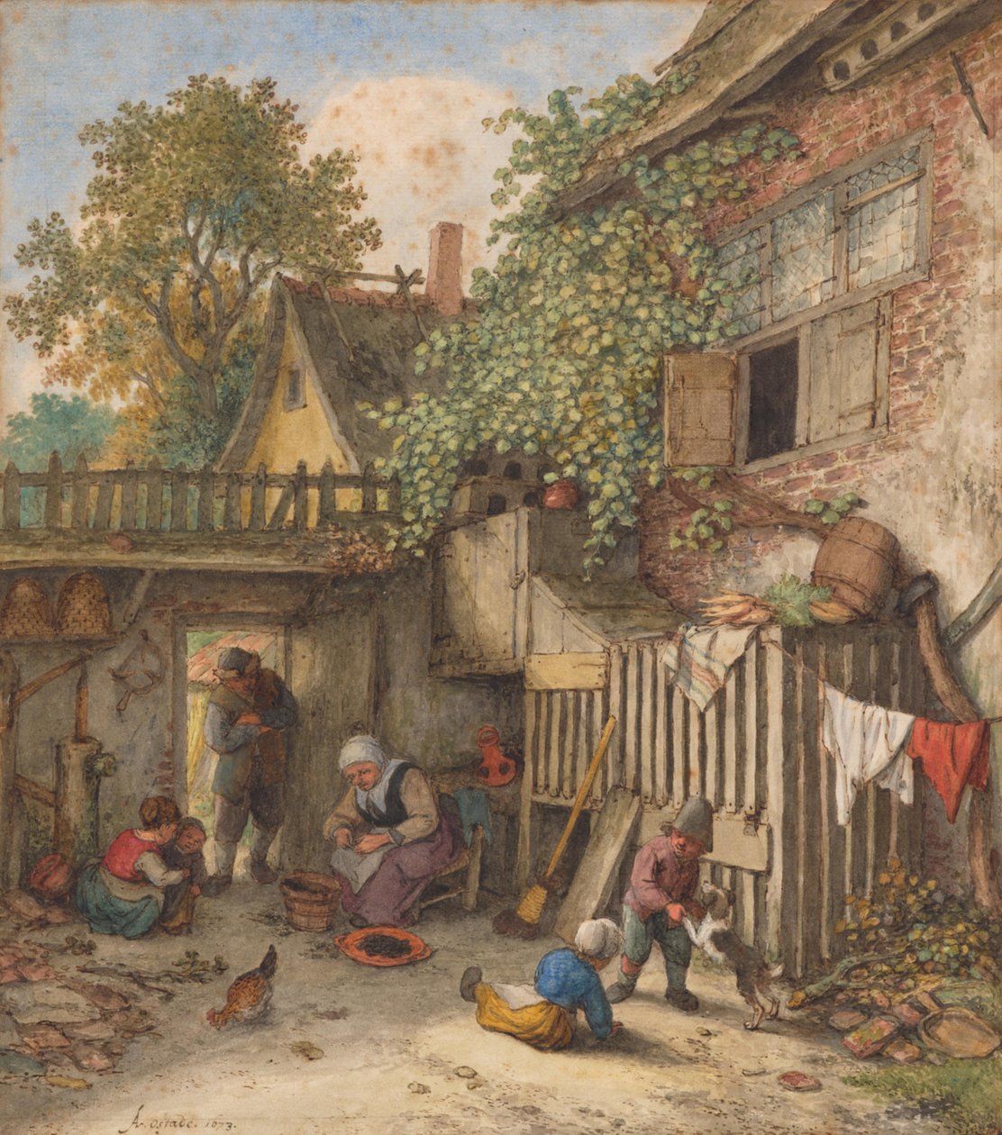Courtyard with a Woman Cleaning Mussels by Adriaen van Ostade