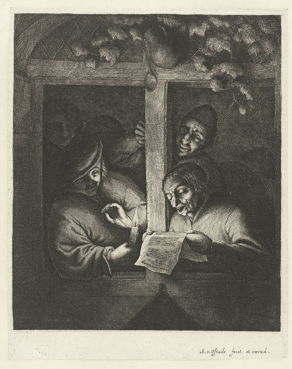 Three Men Singing from a Sheet of Paper by Candlelight in an Open Window (series title: The Rhetoricians) by Adriaen van Ostade