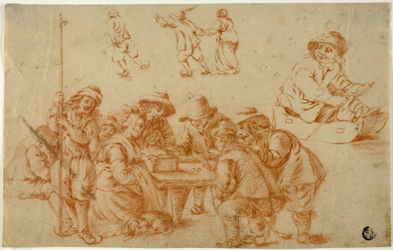Sketches of Peasants Playing Dice and Skating; Sketch of Boy on Sled by Adriaen van Ostade