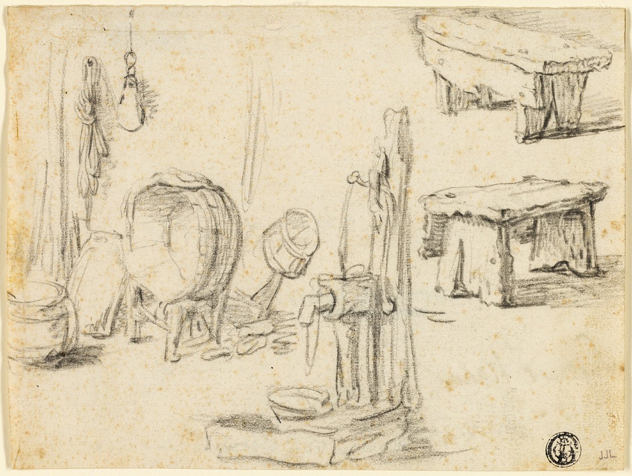 Sketches of Pump, Washtub, Benches by Adriaen van Ostade