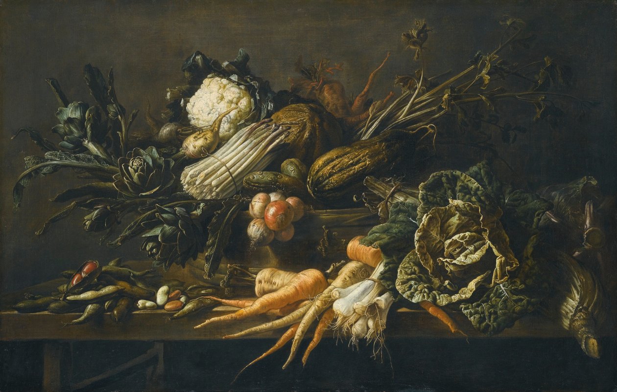 Still Life of Artichoke, Asparagus, Green Cabbage, Onions, Beans, Carrots and Other Vegetables, All Upon a Wooden Bench by Adriaen van Utrecht