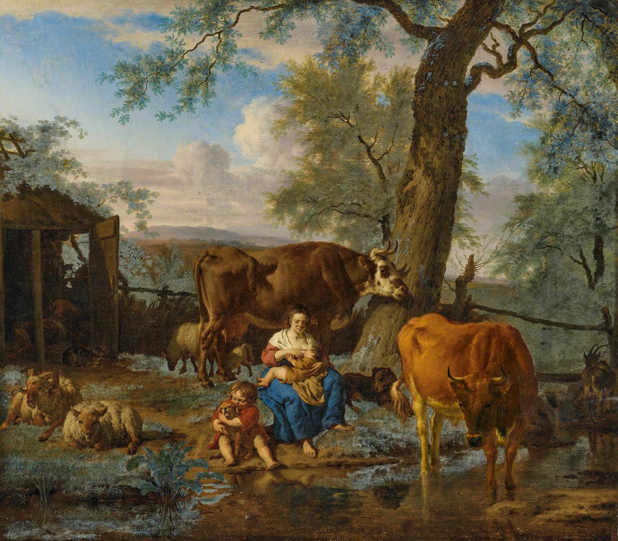 Cattle with Breastfeeding Woman and Child Playing with a Dog by Adriaen van de Velde