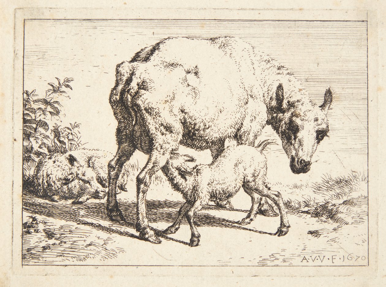 Sheep and Two Lambs by Adriaen van de Velde