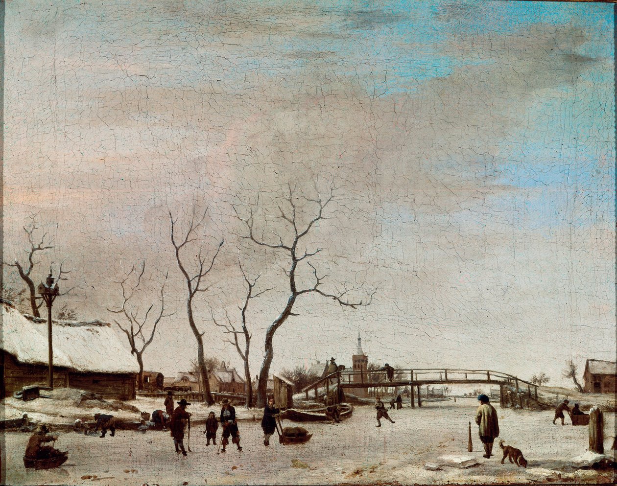 Frozen river with skaters by Adriaen van de Velde