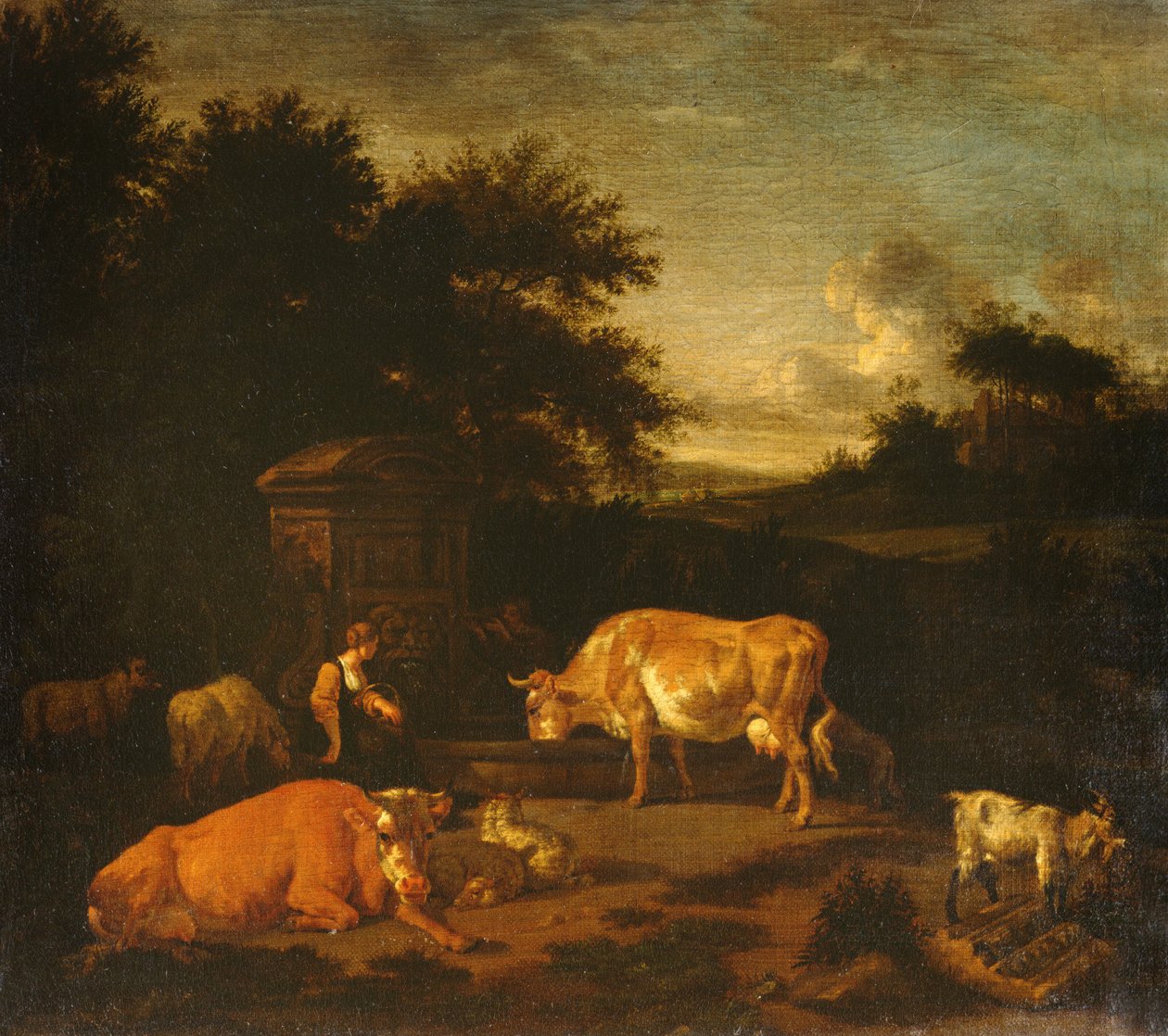 Shepherdess and a Drover with their Flocks by a Classical Fountain in a Wooded Landscape by Adriaen van de Velde