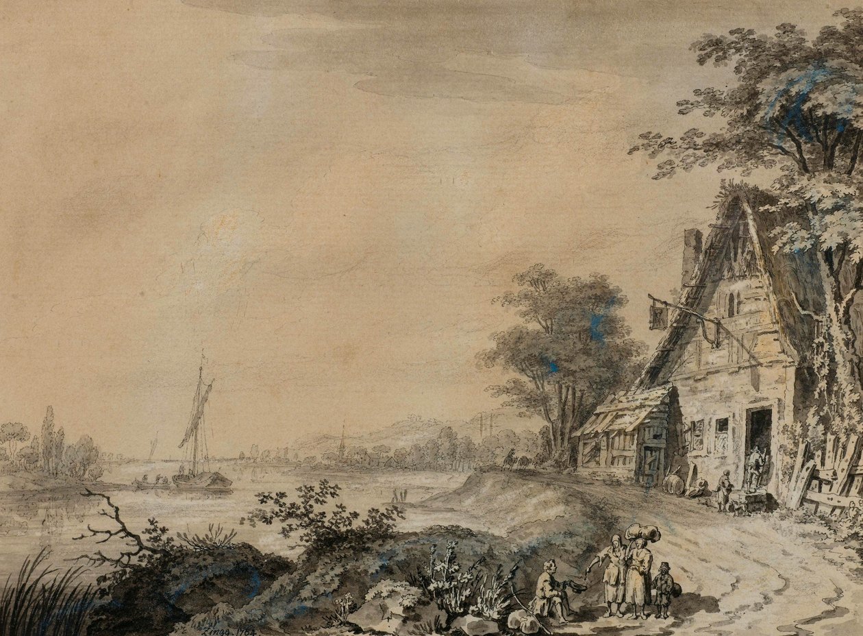 River Landscape with Figures by an Inn by Adrian Zingg