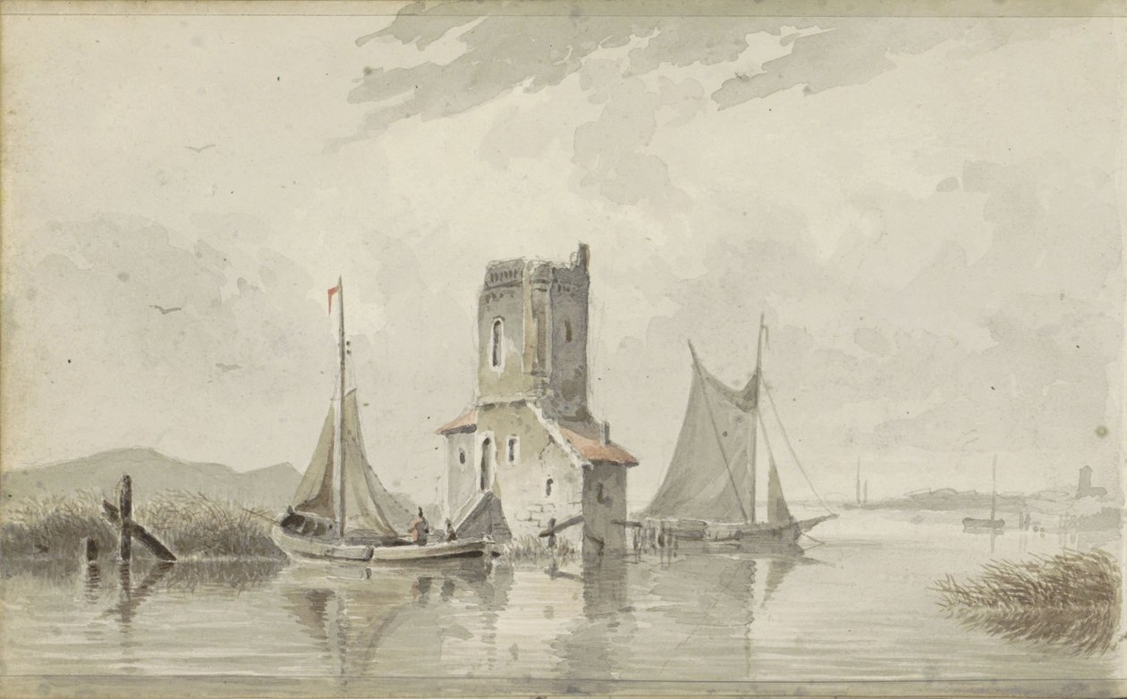 River Landscape with a Tower by Adrianus Eversen