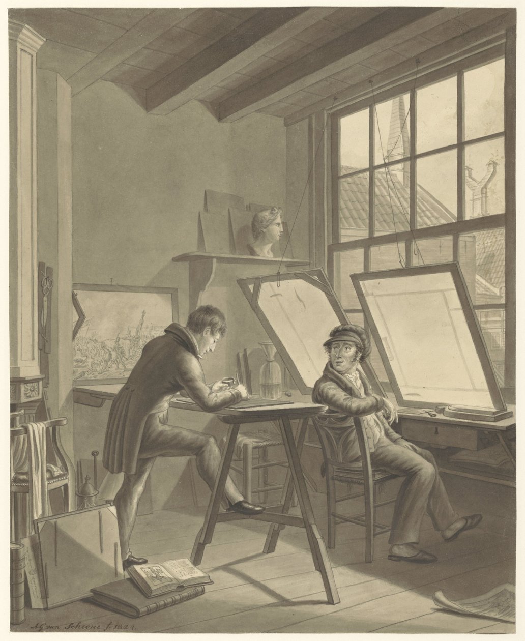 Studio of Jacob Ernst Marcus in the Rozenstraat in Amsterdam by Adrianus Gerardus van Schoone