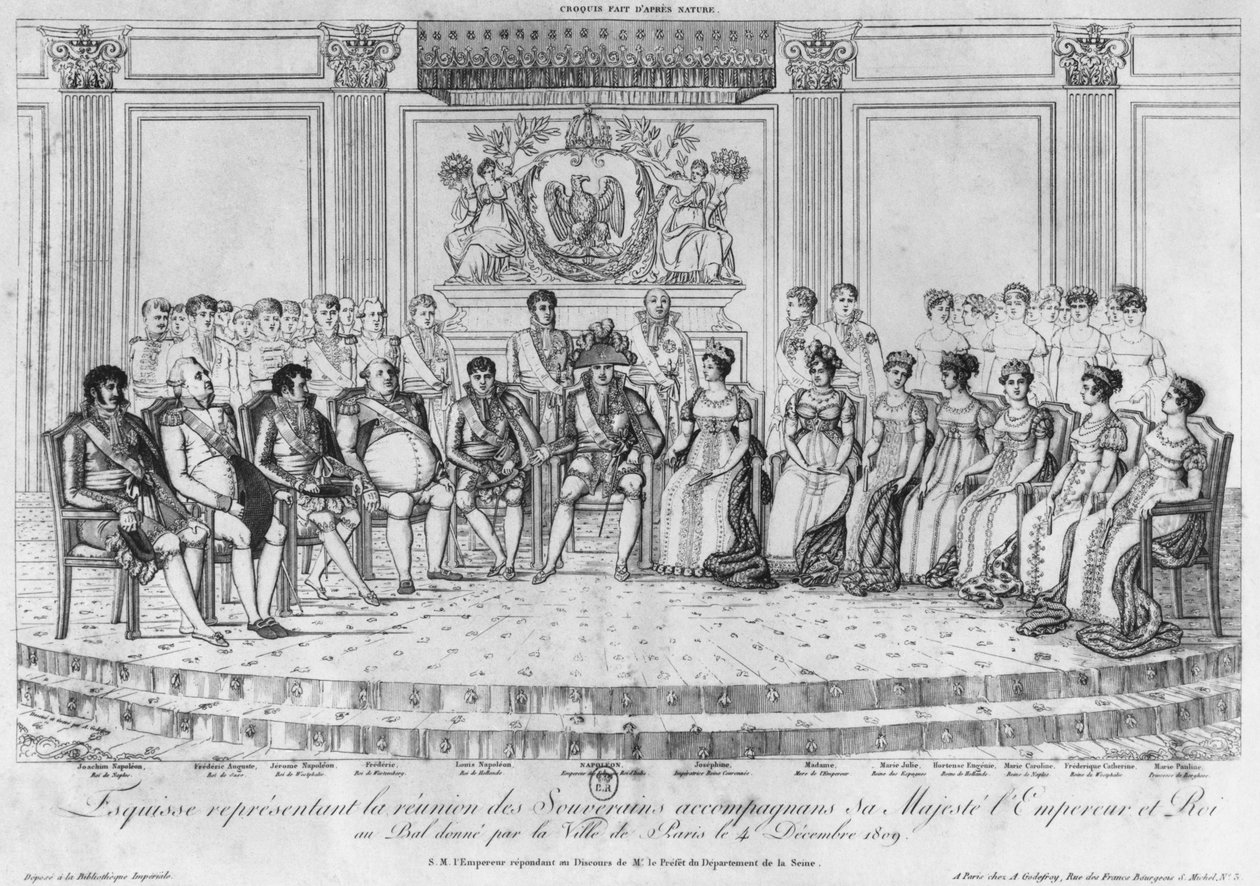 Sketch depicting Napoleon I and the sovereigns at the ball given by the city of Paris on 4th December 1809 by Adrien Pierre Francois Godefroy