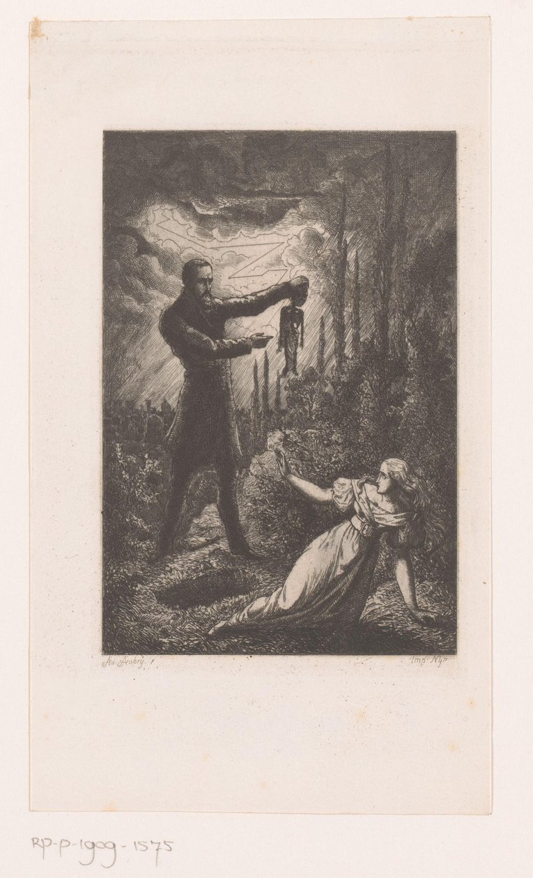 Night Scene with a Man Showing a Baby Skeleton to a Young Woman by an Open Grave by Adrien Aubry