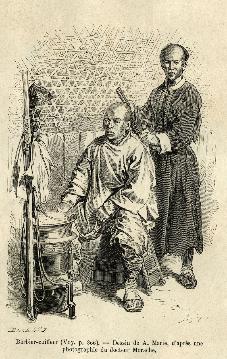 A barber in full work, a bench and cylindrical wooden box with compartments and a bowl make up his travelling equipment. Engraving after A.Marie