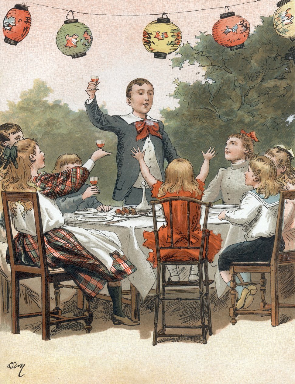 A young boy makes a speech, children clinking glass, illustration by Adrien Marie in the book Tout a la joie by Zari, Emile Guerin publication 1890 by Adrien Emmanuel Marie