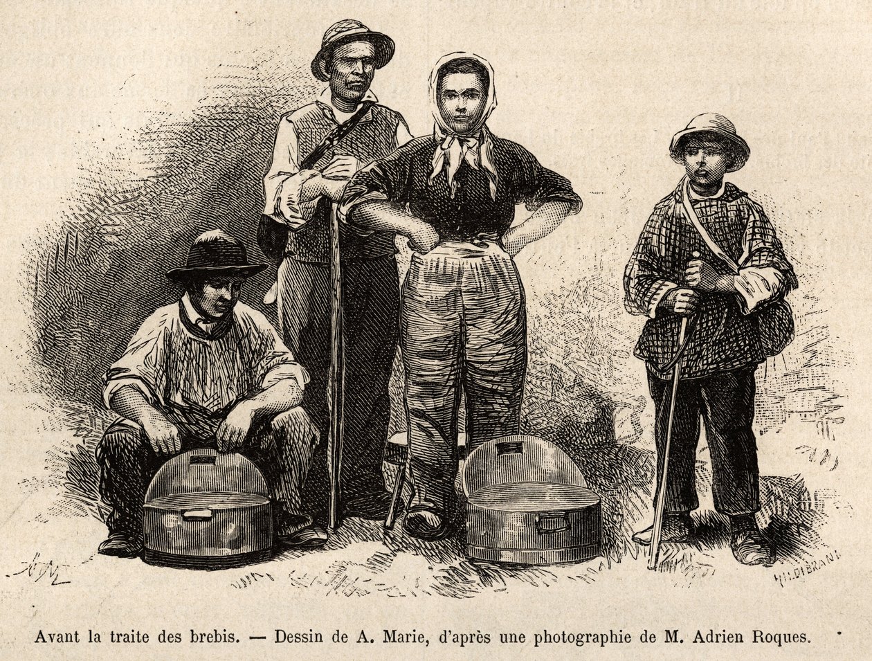 Before the sheep trade, all the staff of the farm were employed on this spot, boy, servant, under the supervision of the shepherd, milk was collected in the seilles (metal vase etame), engraving after a drawing by A. Marie, illustrating a journey to Roquef by Adrien Emmanuel Marie