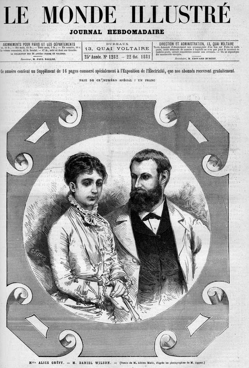 Portrait of Daniel Wilson (1840-1919), French politician with his wife, Alice Grevy. Engraving by Adrien Marie. One of 