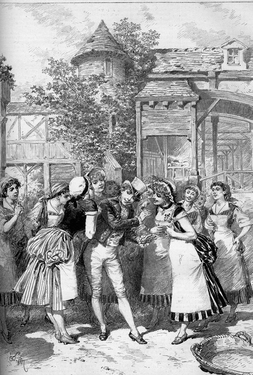 The beautiful Nicolas surrounded by the girls of the village. Juliette Simon-Girard (Simon Girard) (1859-1959) in the role of Nicolas for the opera 