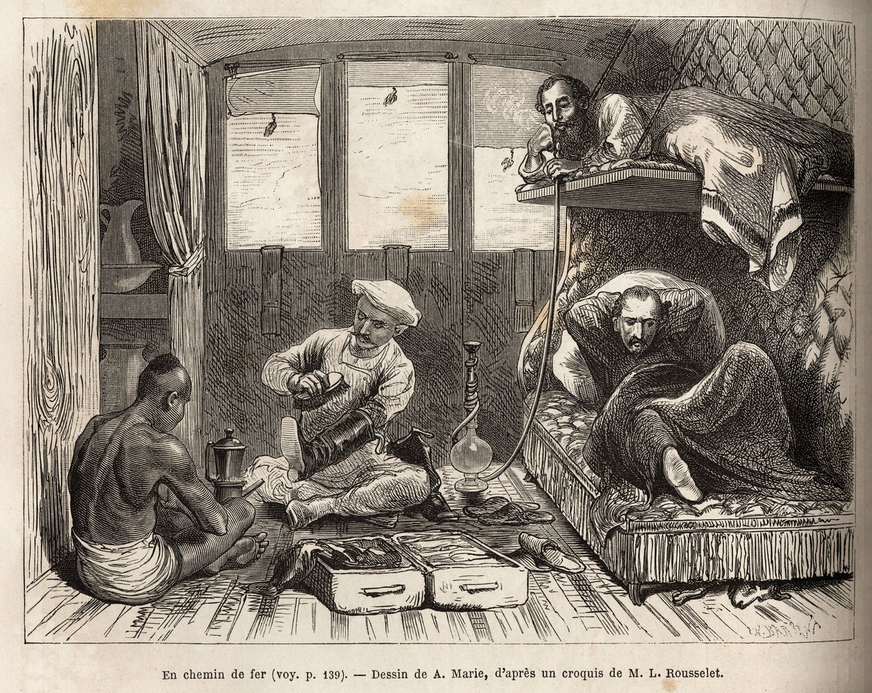 The interior of an East Indian Railway railway bed wagon by Adrien Emmanuel Marie