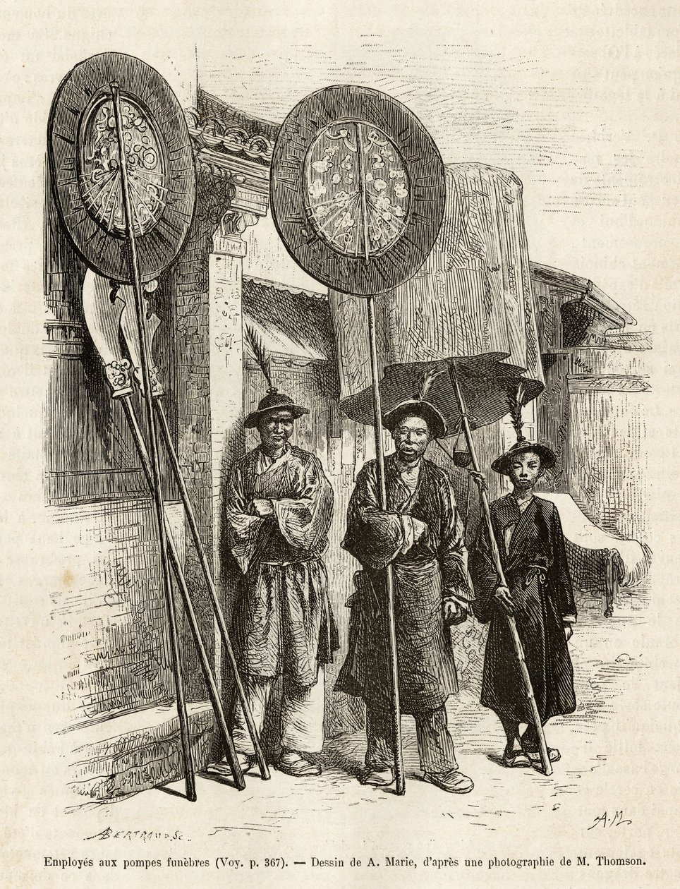 Three funeral workers in Pekin (engraving after A. Marie