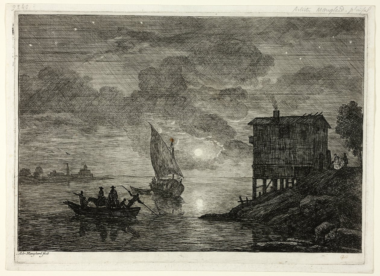 Moonlit Harbor Scene with Ferry by Adrien Manglard