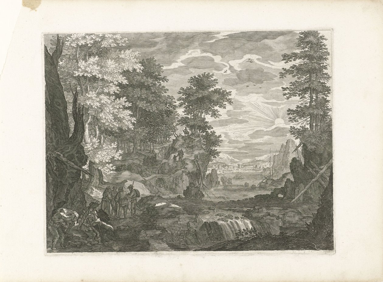 Waterfall with a City in the Background (series title: Four Landscapes in Bohemia) by Aegidius Sadeler (II) (attributed to)
