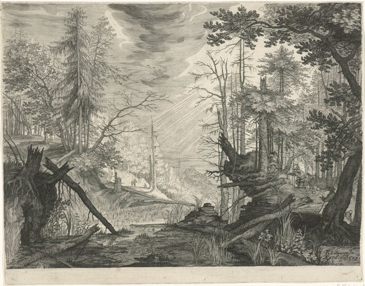 Three Hunters by a River in a Forest by Egidius  Sadeler (II)