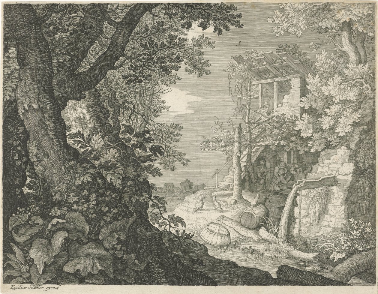 Drinking Men in a Tavern (Six Landscapes series) by Egidius  Sadeler (II)