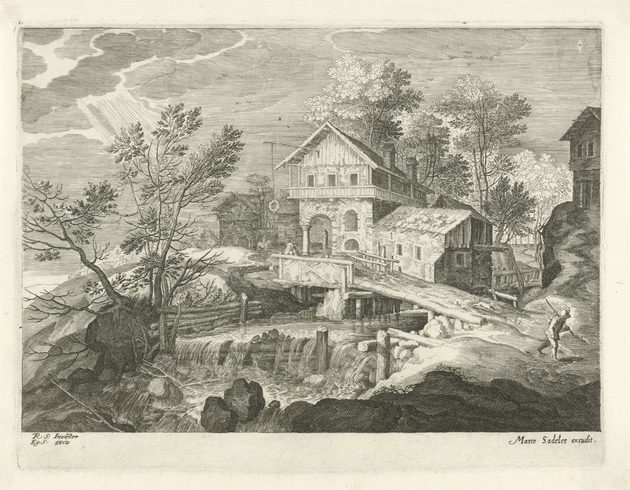Inn and Several Houses by a Bridge (Landscapes from Tyrol) by Egidius  Sadeler (II)