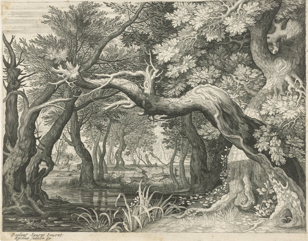 Deer Hunt by a Forest Lake (Six Landscapes) by Egidius  Sadeler (II)